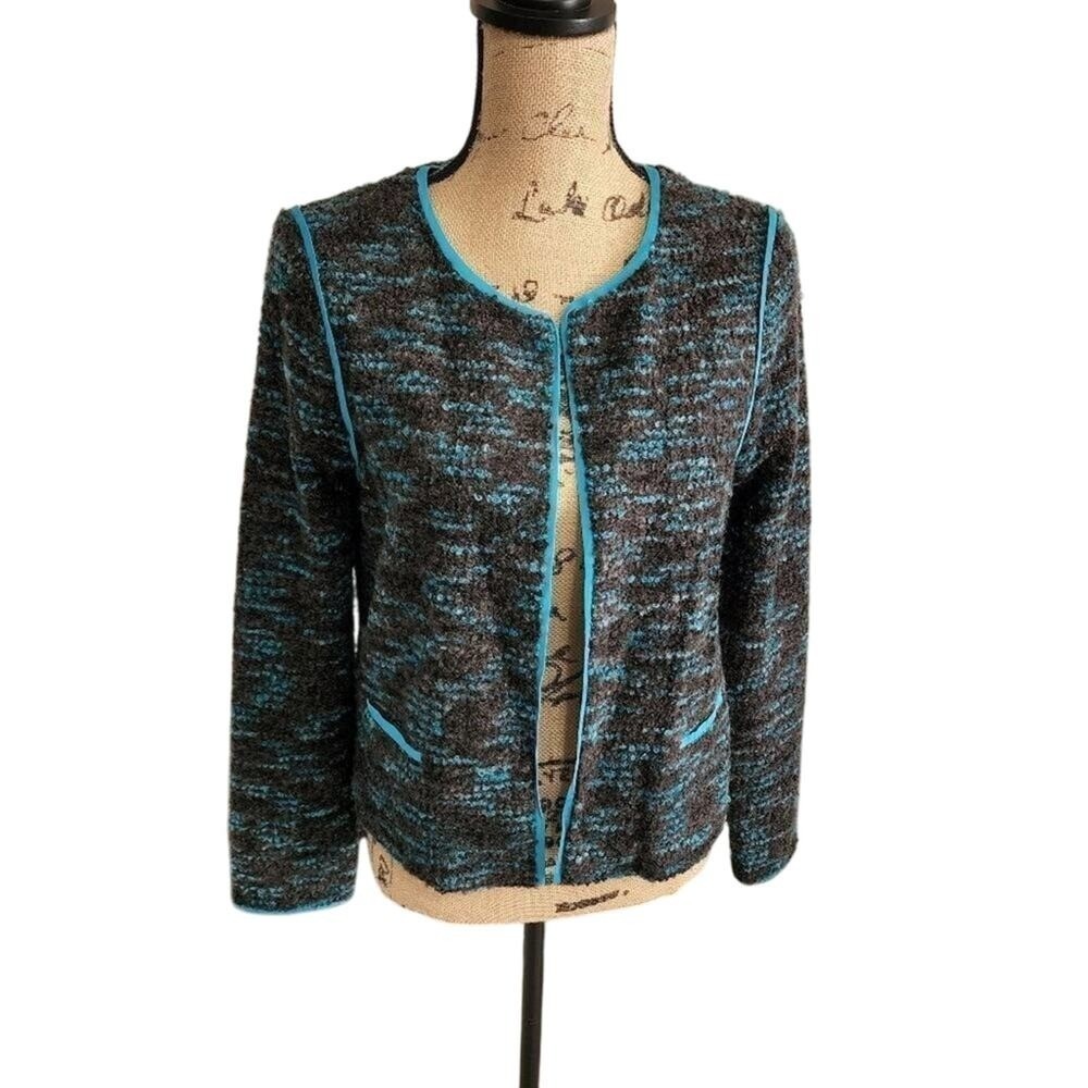 WILLOW & Clay Textured Knit Blazer Gray & Blue Trim Versatile Career Jacket wool